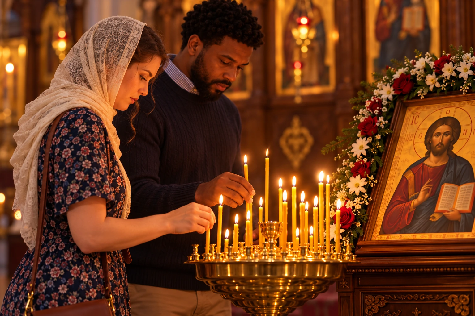 Illustration of a diverse congregation at an Orthodox vigil, with candle lighting and the iconostasis beyond.