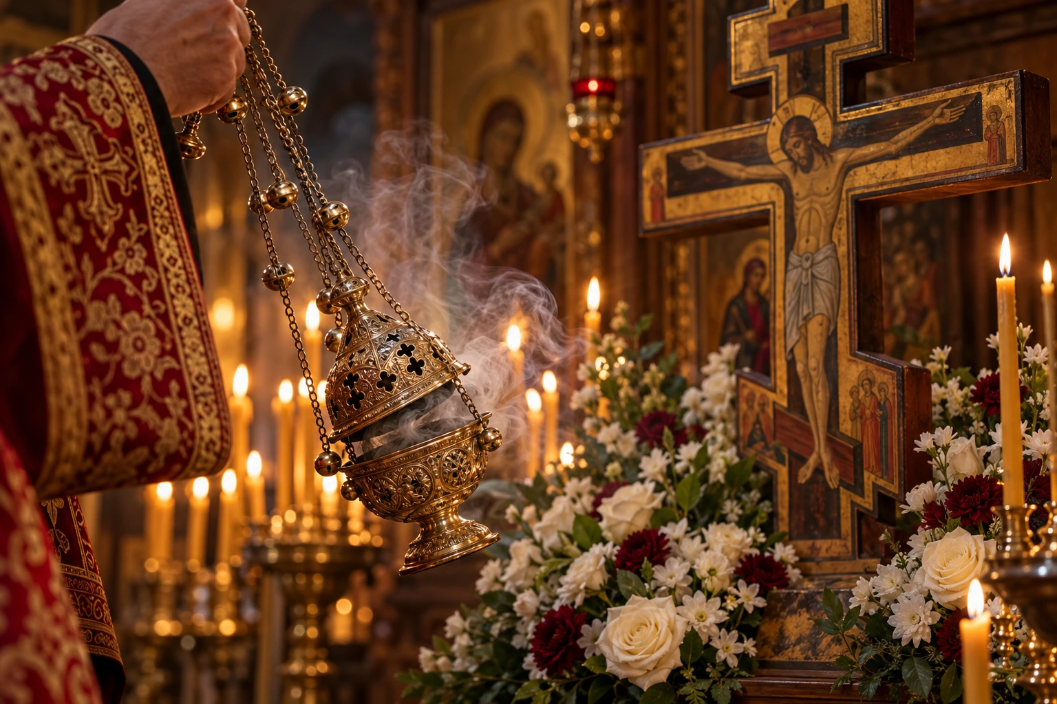 Illustration of a priest censing a painted Orthodox Crucifix surrounded by flowers.
