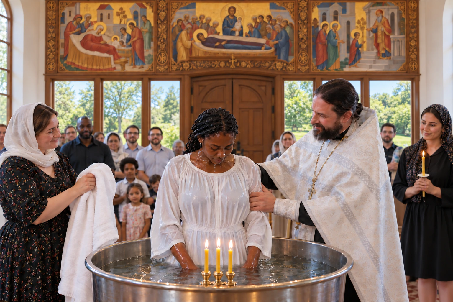Illustration of an adult baptism with a priest in white vestments, sponsors, and a diverse congregation.
