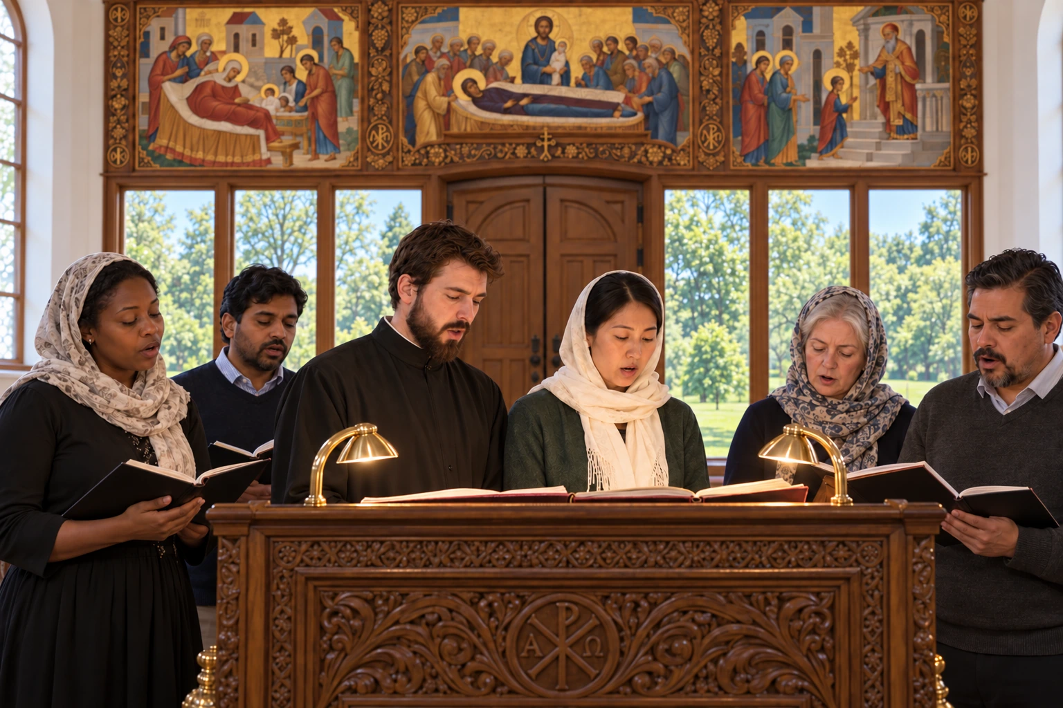 Illustration of a reader and chanter at a wooden chant stand during an Orthodox service.