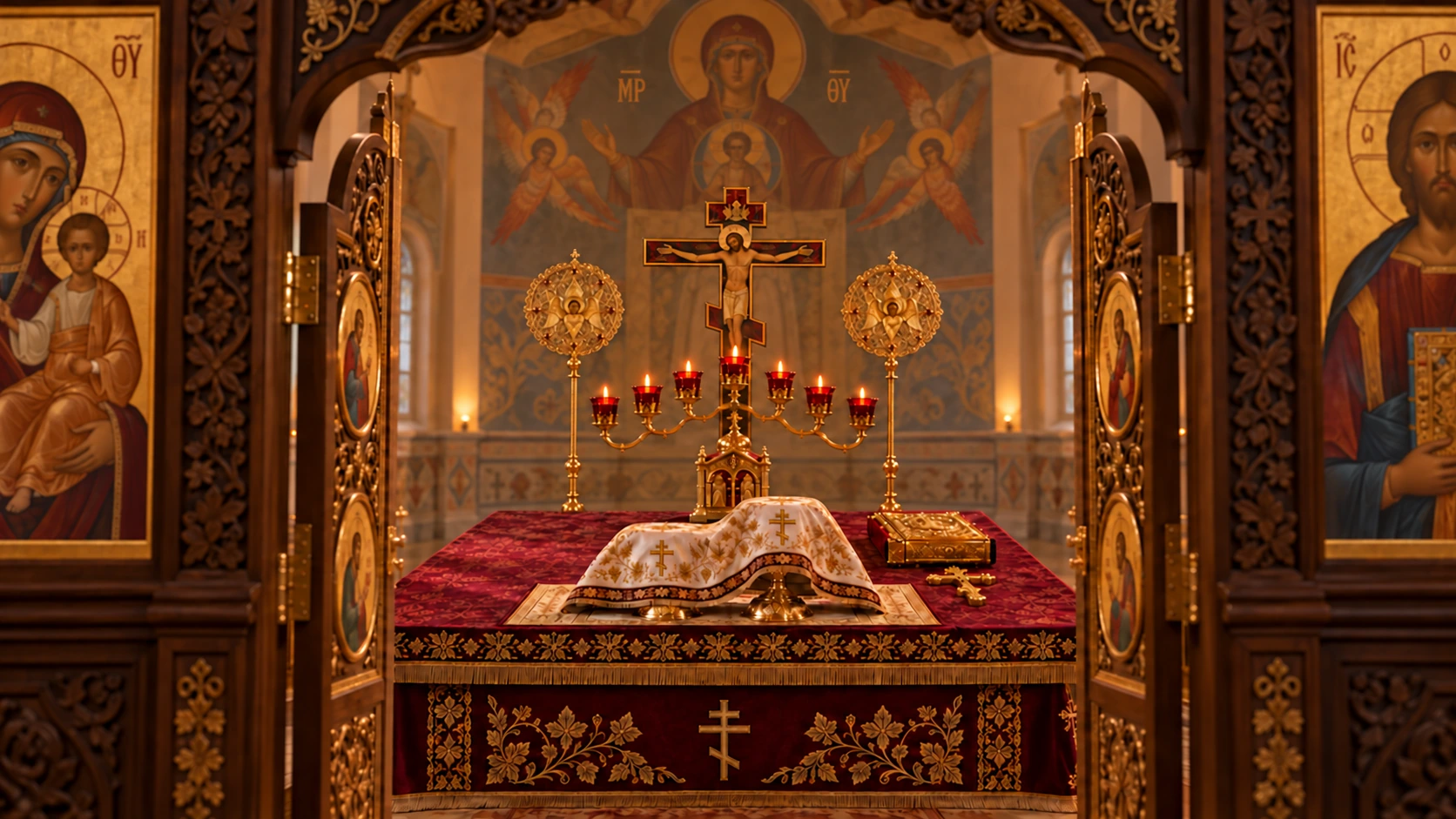 Illustration of the Holy Table seen through open Royal Doors, framed by carved wood and icons, with covered Gifts and glowing red sanctuary lamps.