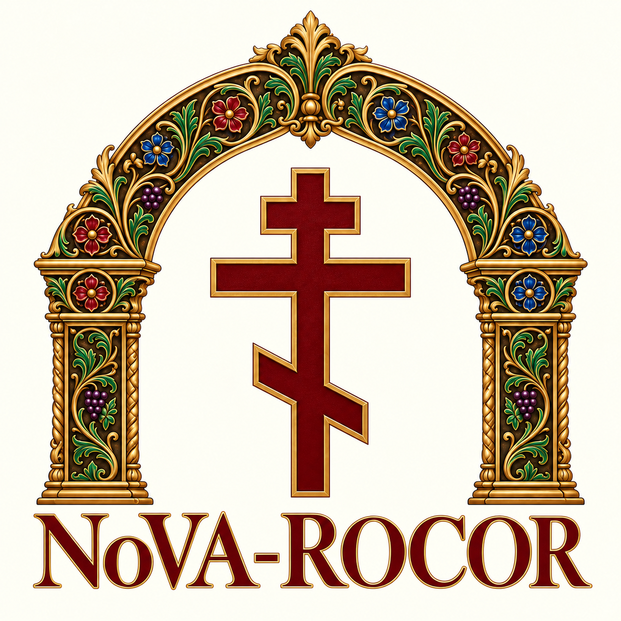 NoVA-ROCOR: a Russian Orthodox cross framed by ornate gold arches and colorful flowers.
